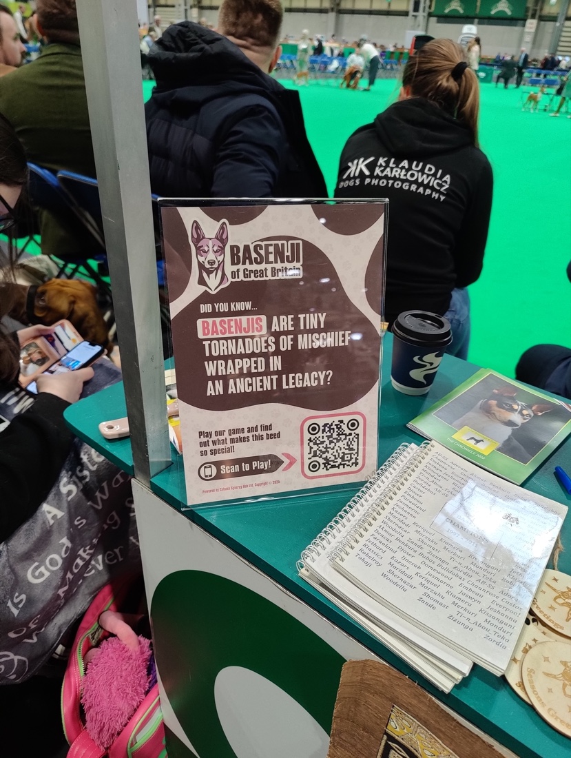 The Great Britain Basenji Club stand at Crufts, where visitors scanned to play